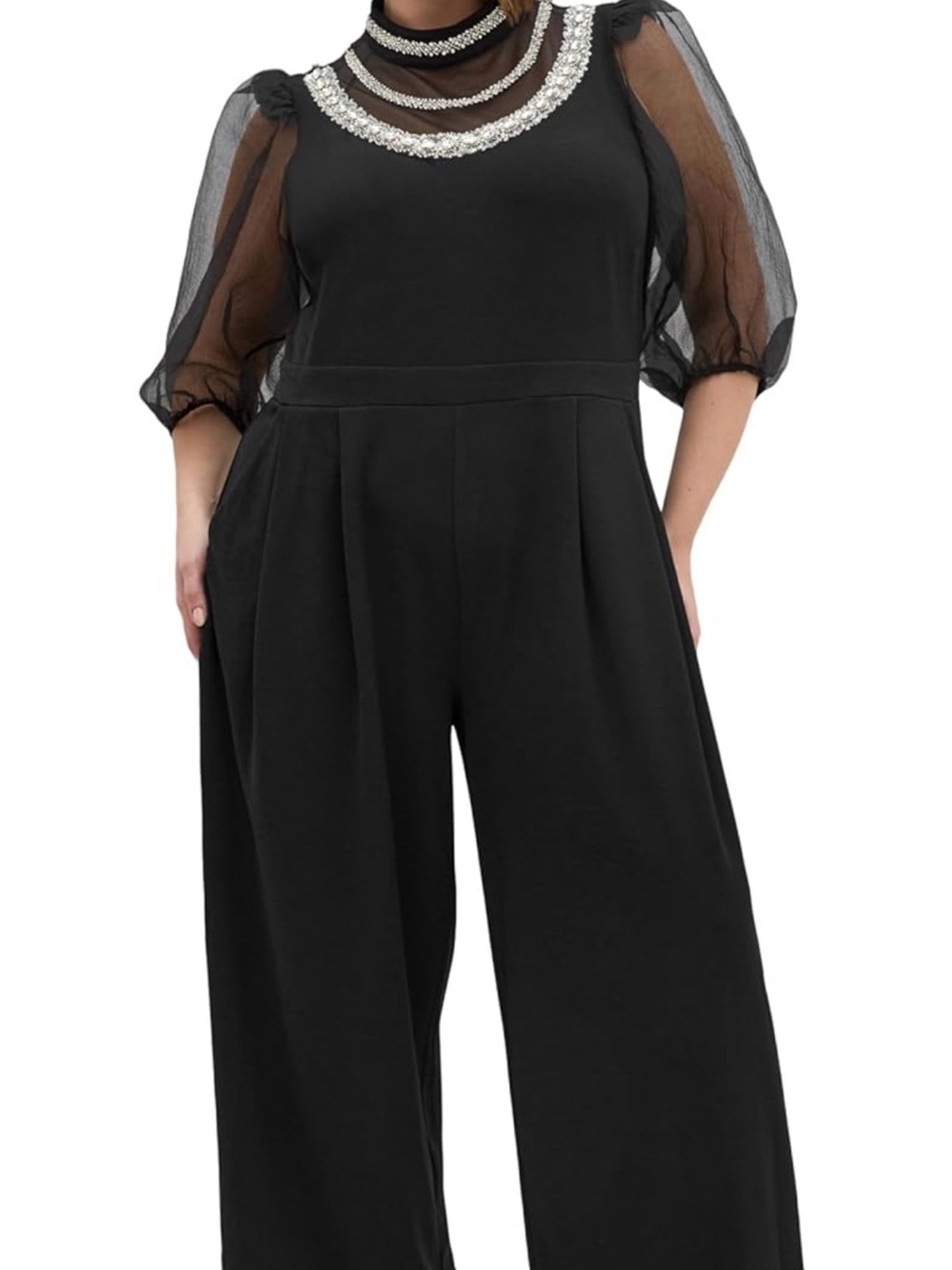 Elegant Black Wide-Leg Jumpsuit with Sheer Puff Sleeves